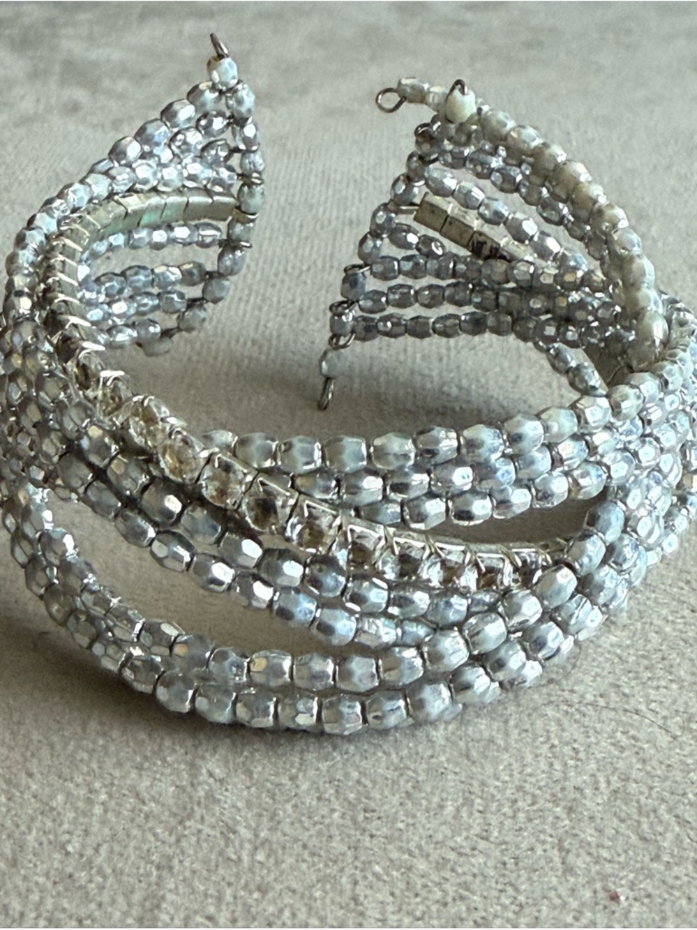 Silver Beaded Multi-Row Cuff Bracelet - Elegant Silver Tone